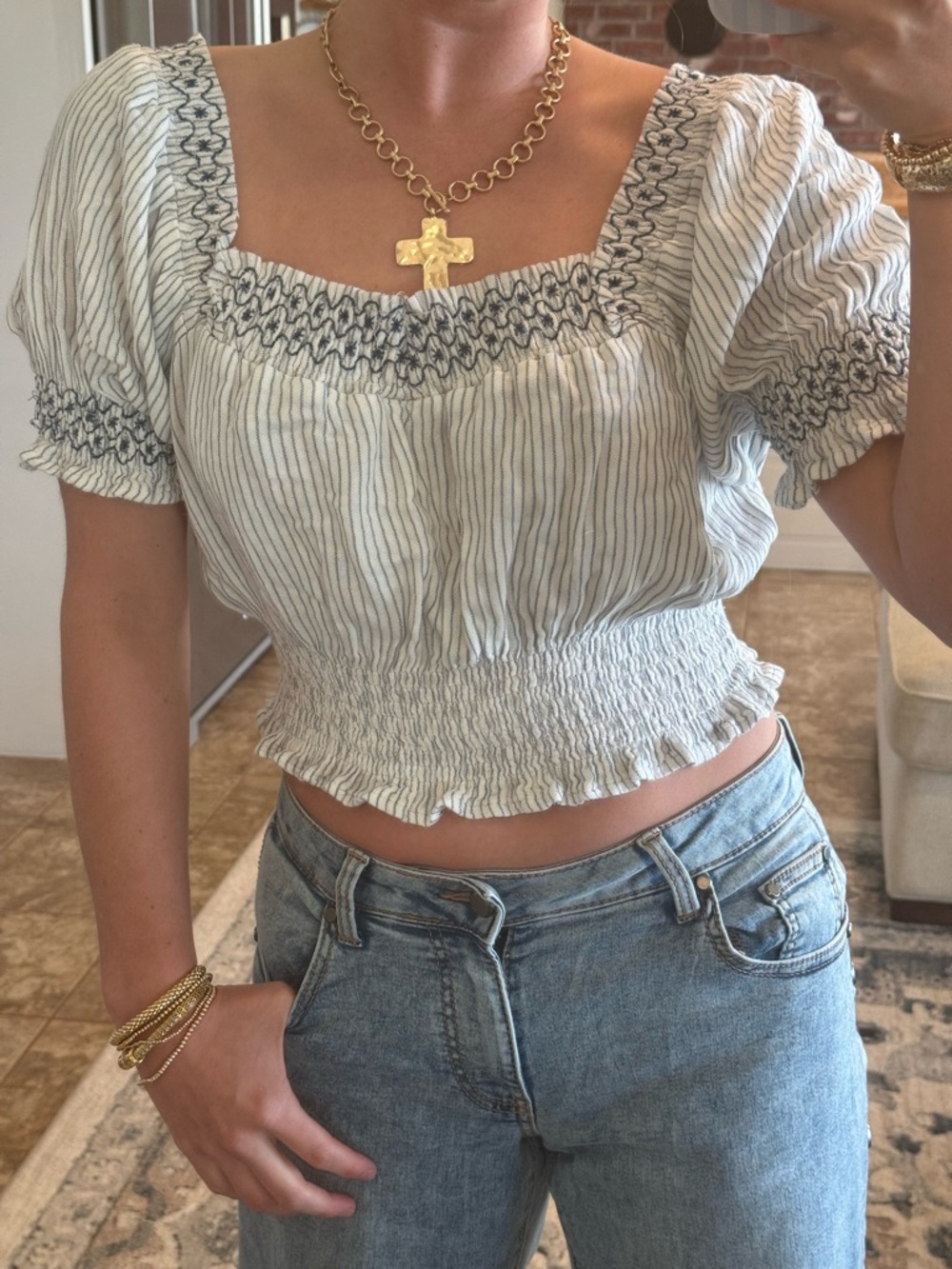 Vintage Havana White and Navy Striped Smocked Square-Neck Crop Top